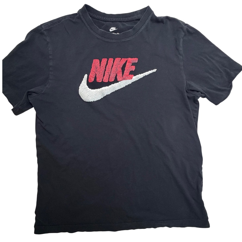 Nike Mens Graphic Tee Black Red White Chenille Swoosh Logo T-Shirt Size M